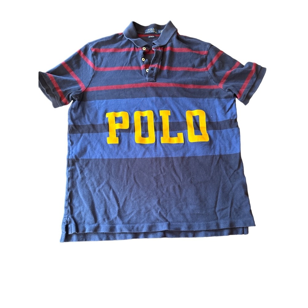 Polo Ralph Lauren Polo Shirt Blue Striped Classic Fit Graphic Logo Cotton Mens L